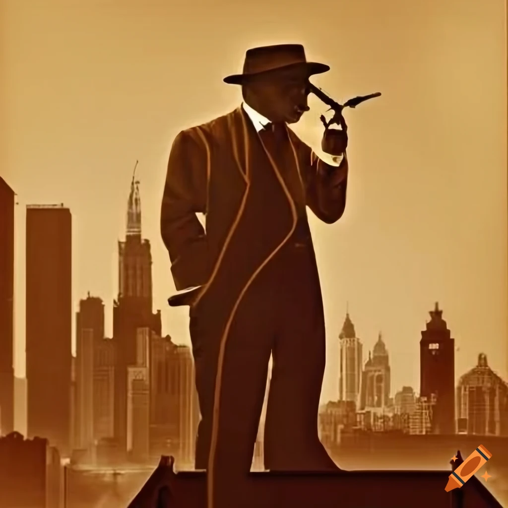 Vintage poster of 1920s Chicago with a silhouette of Al Capone holding a cigar and wearing a fedora