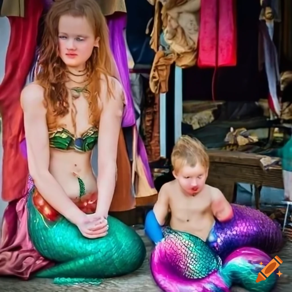 Youthful mermaid at a market stall in a Tudor seaside village