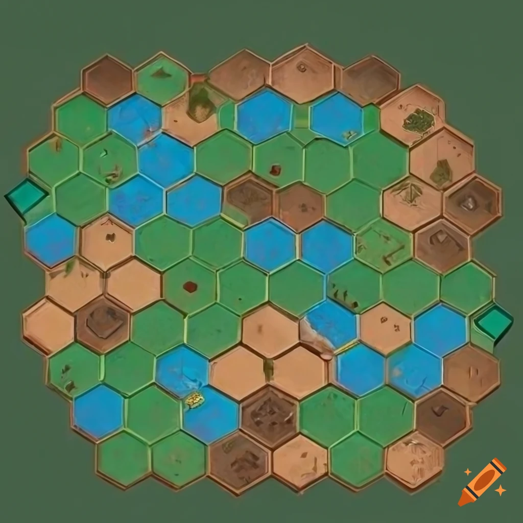 Set of hexagonal board game map tiles with various terrain types on Craiyon