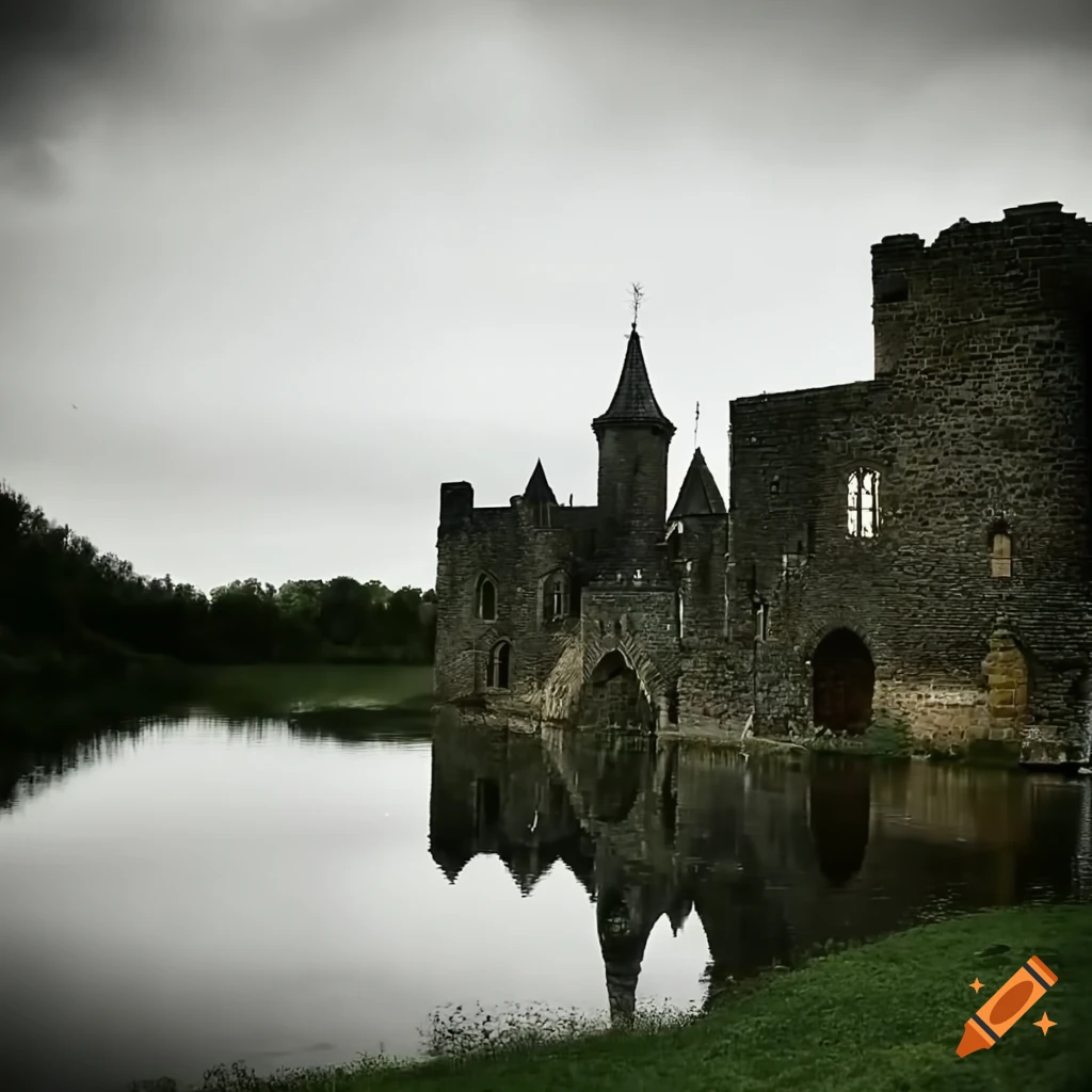 Castle in the middle of a lake with the drawbridge extended on Craiyon