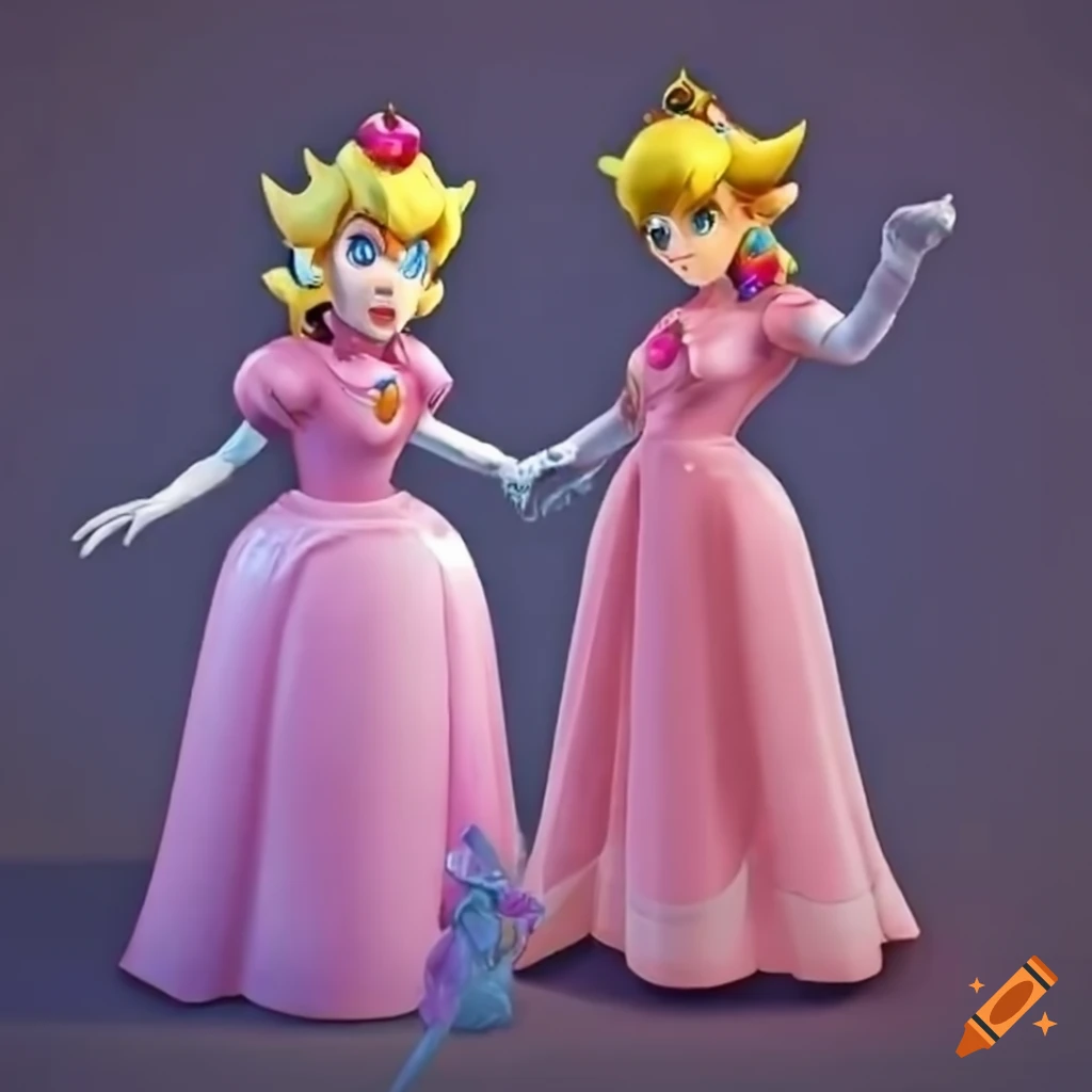 Princess Peach and Link dancing in pink silk ballgowns on Craiyon