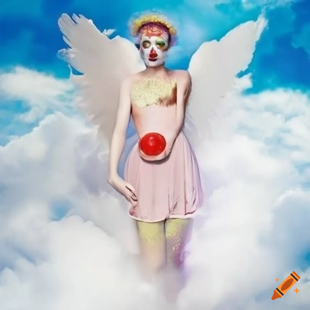 Angel with clown makeup in heavenly setting with clouds