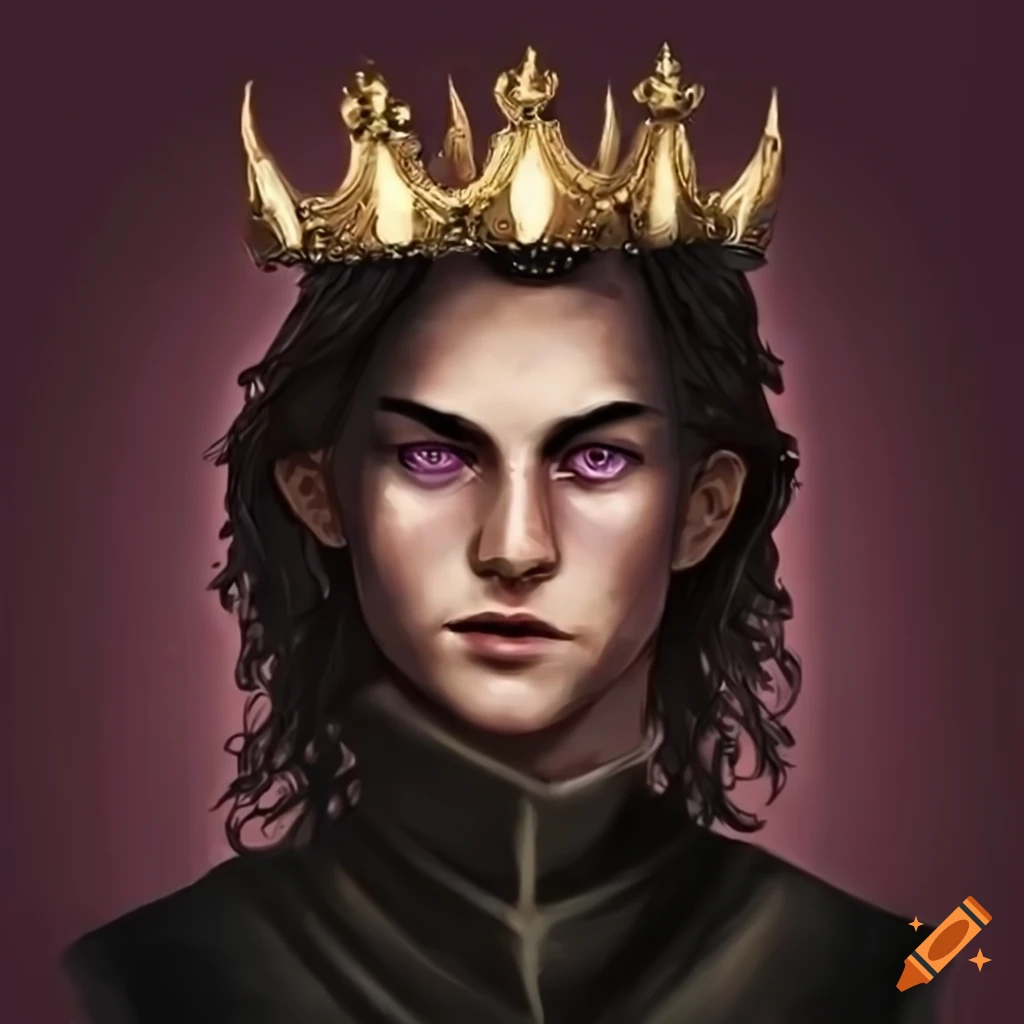 Young handsome king with purple eyes and long black hair wearing Aegon the Conqueror's crown