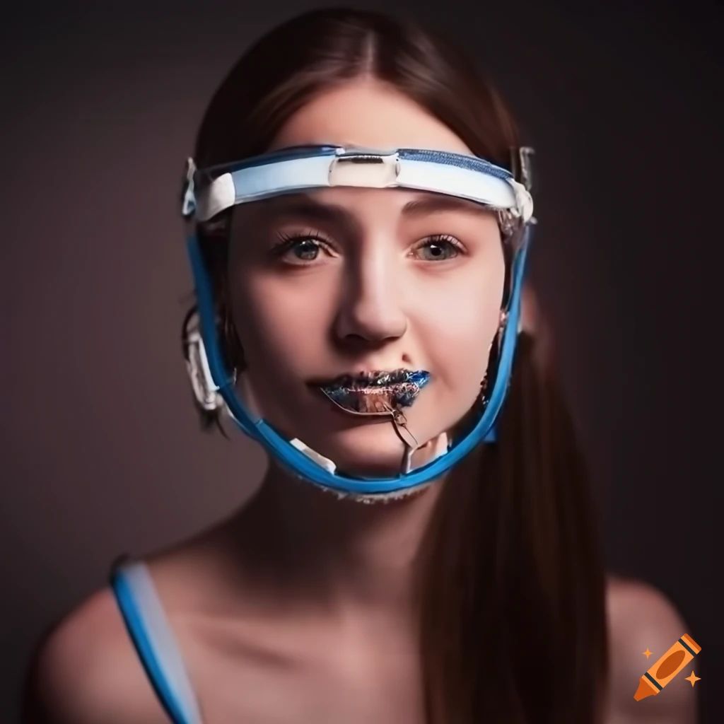Young woman with orthodontic headgear braces walking down a peaceful