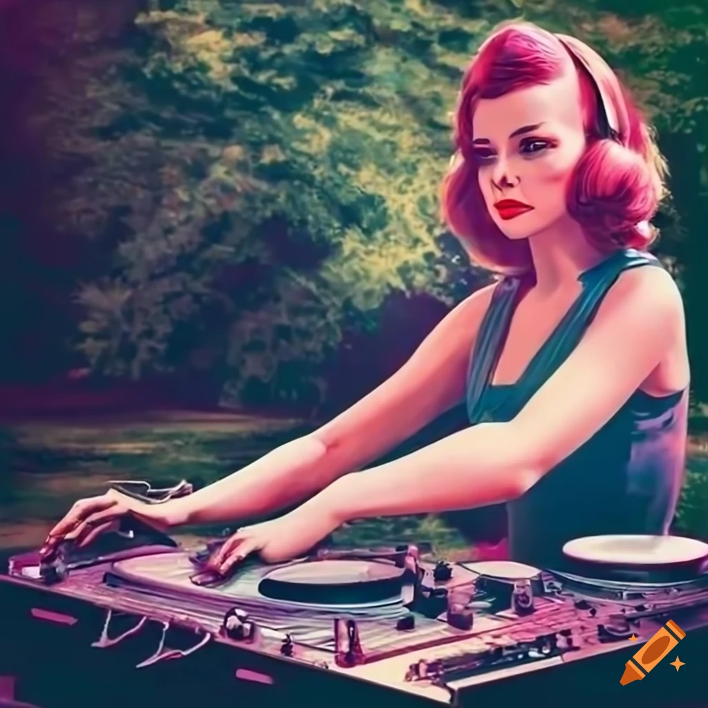 50s housewife mixing music on a retro scifi dj deck in a park on Craiyon