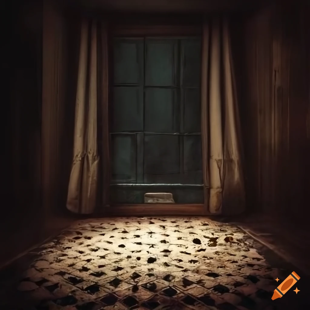 Room with black and white tiles, old gauze curtains, cracked mirror, and shining lantern