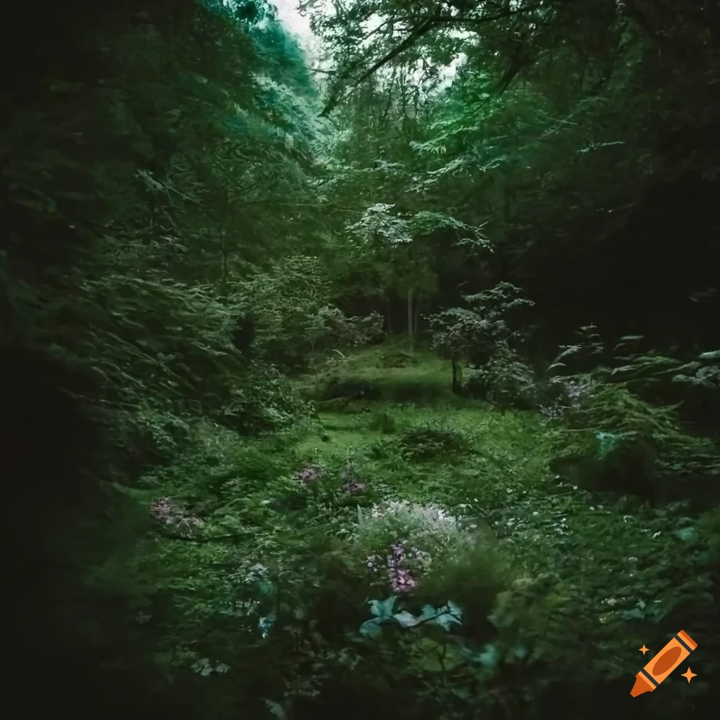 Abandoned overgrown garden in a dark forest greenhouse on Craiyon