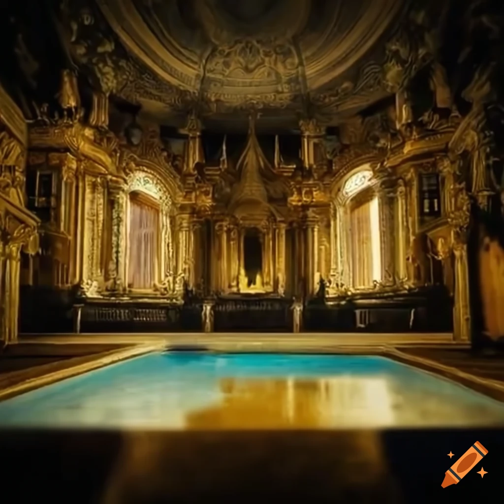 Man lying by the pool with a golden palace in the background