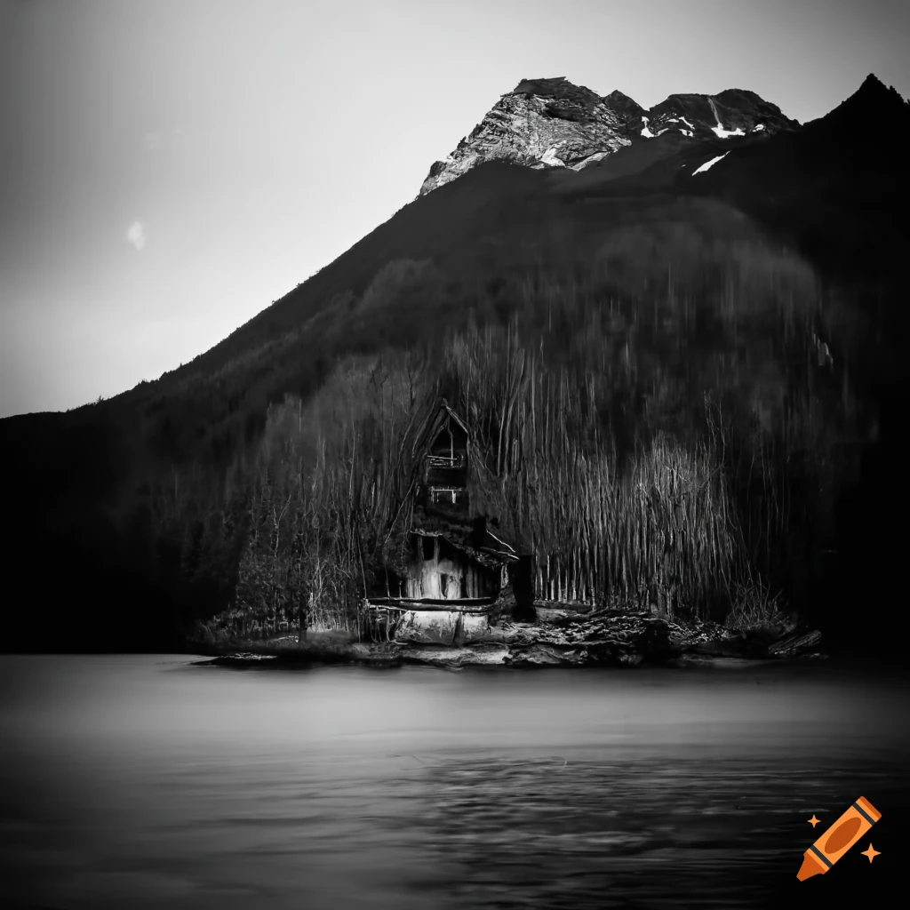 Old house at the bottom of a mountain next to a river in black and