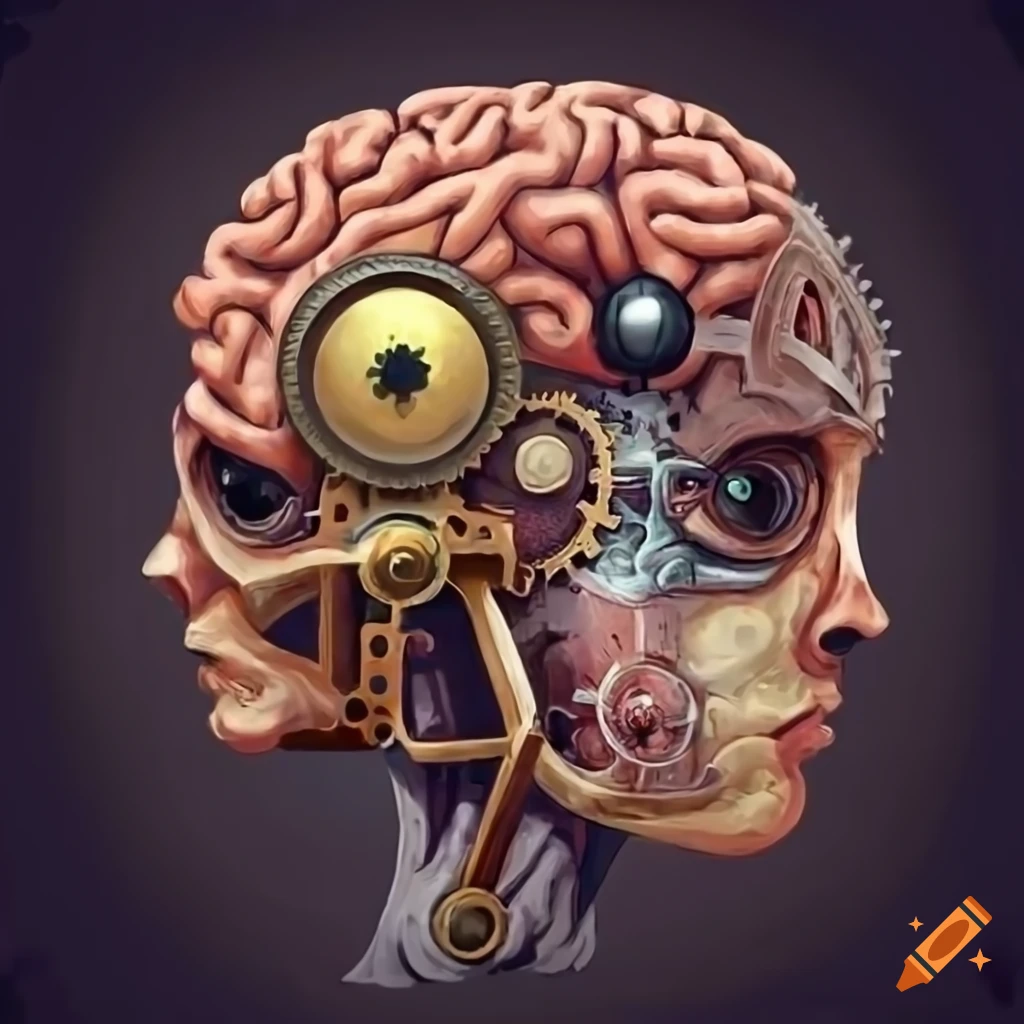 Steampunk devices and mechanical gadgets inside an alien's brain with ghosts flying out, inspired by Haekel anatomy artwork