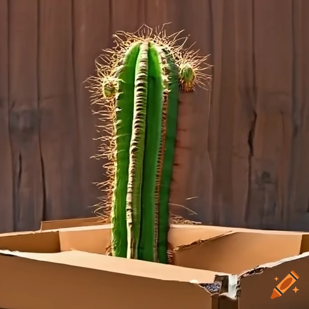 Saguaro cactus planted in a cardboard box