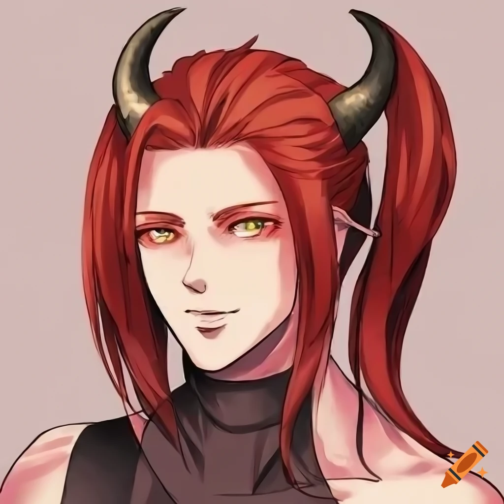 Handsome animestyle man with red hair, black eyes, and unique features