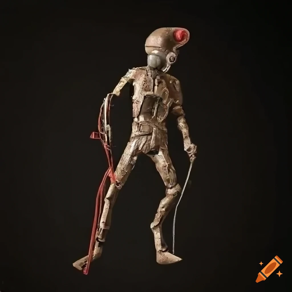 Found object sculpture humanoid made with various objects on Craiyon