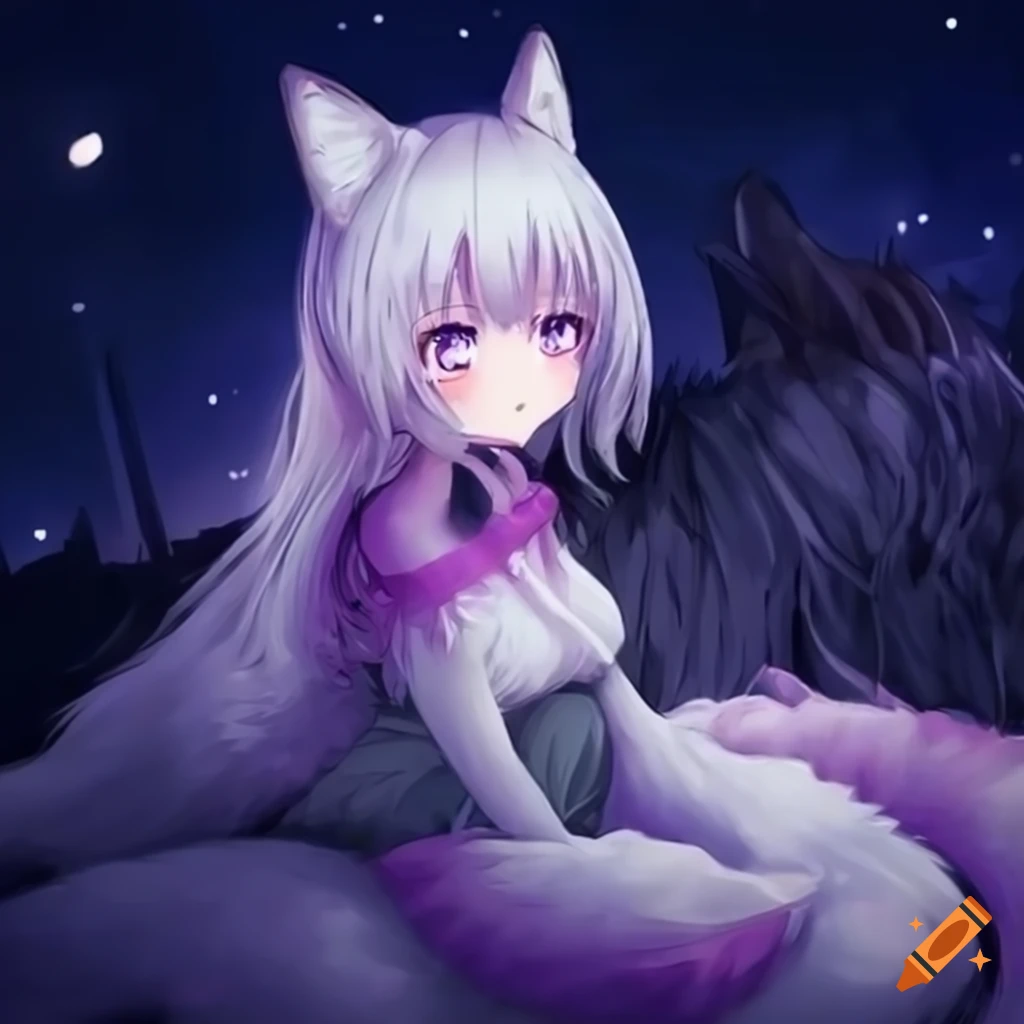 Melancholy anime fox girl with purple eyes sitting at night