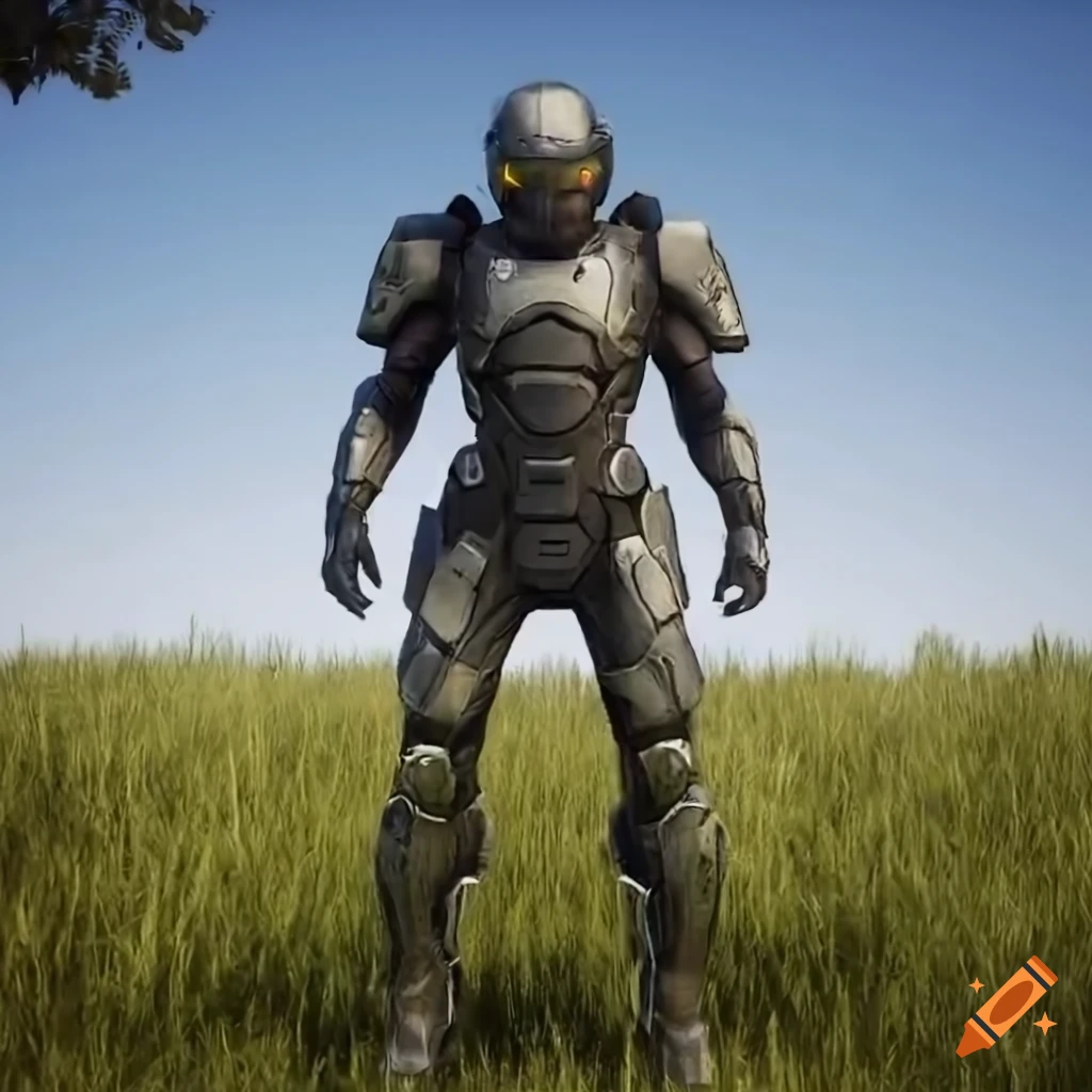 American sci-fi soldiers in futuristic armor with a tank and US flag on grass