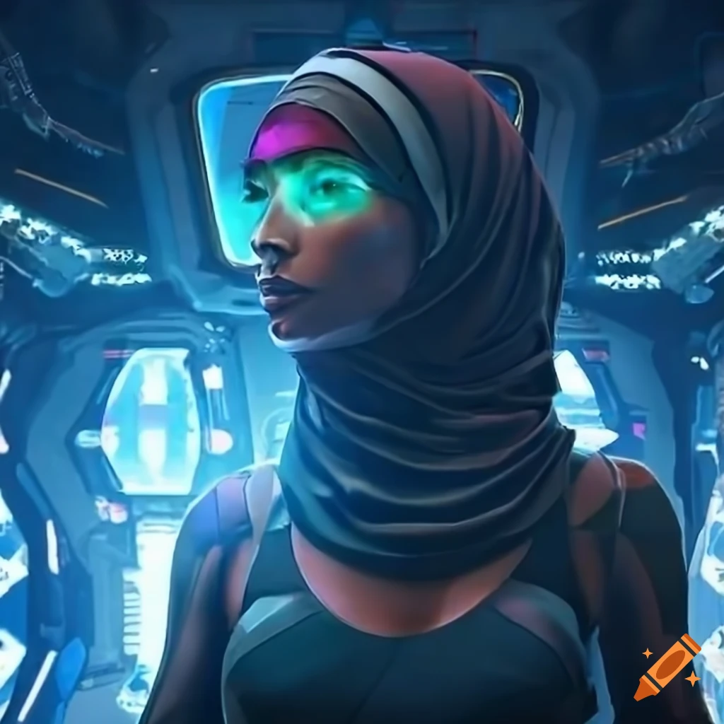 Scifi cyberpunk Sufi woman in tech hijab hacking holographic display in mech cockpit