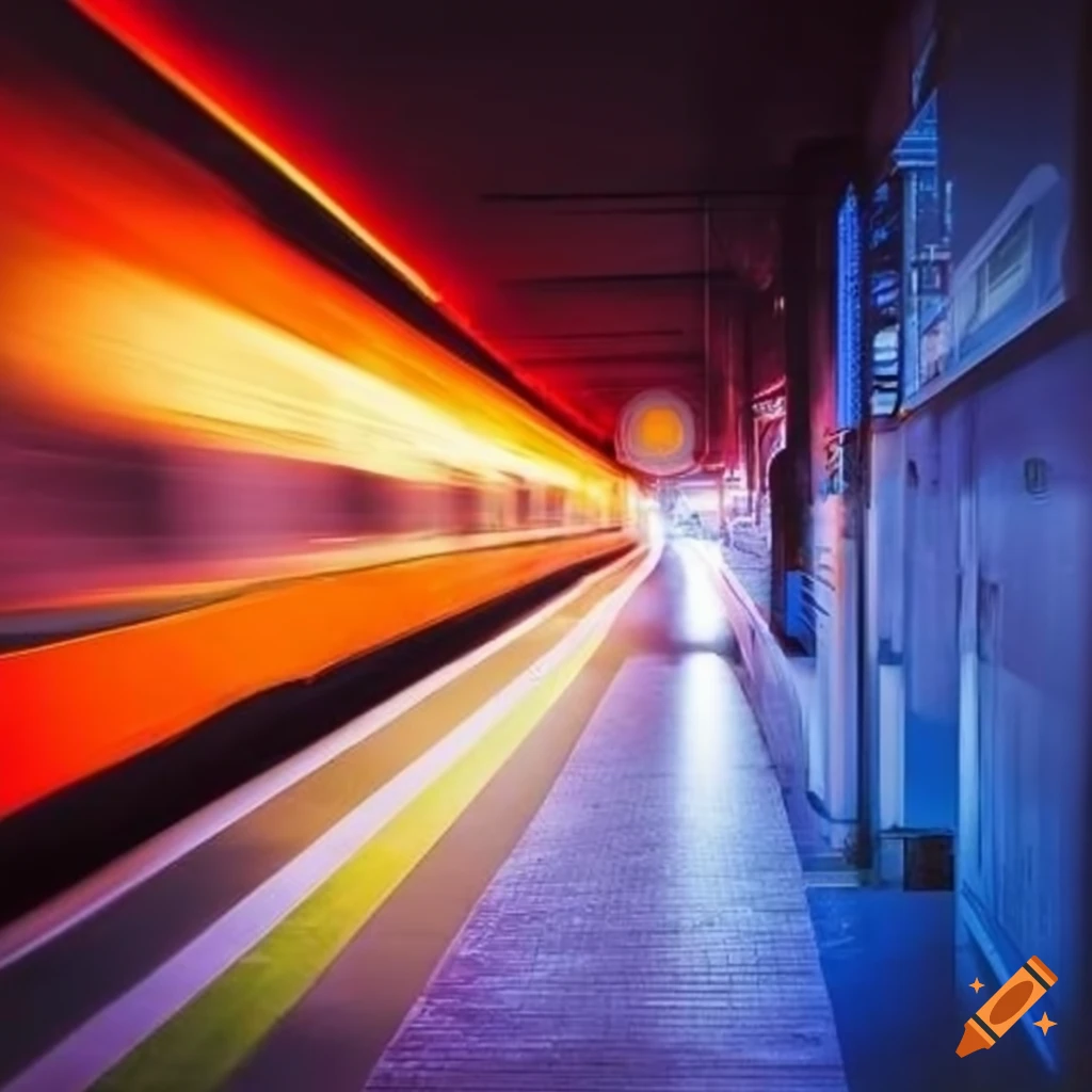 Neon exit sign in French (Sortie) in a long exposure train station