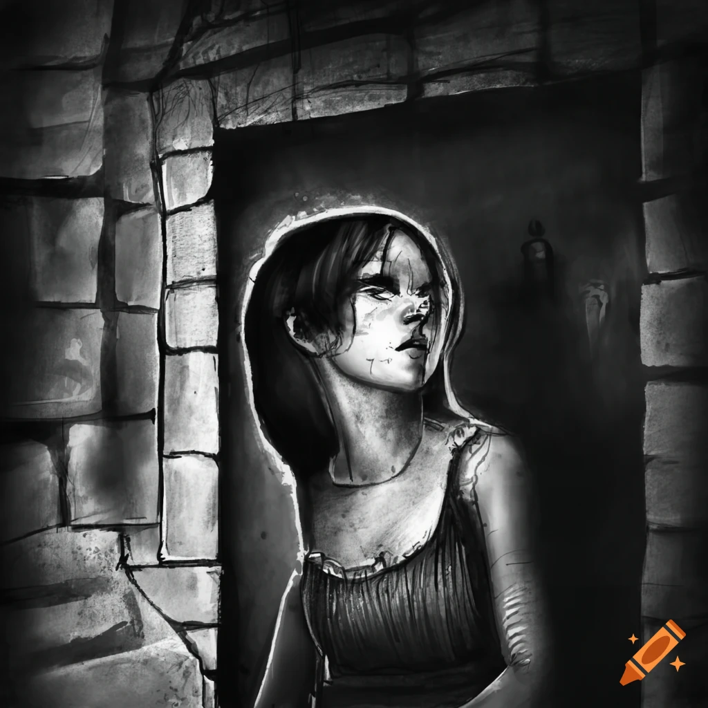 Girl peeking around a corner in an old cellar