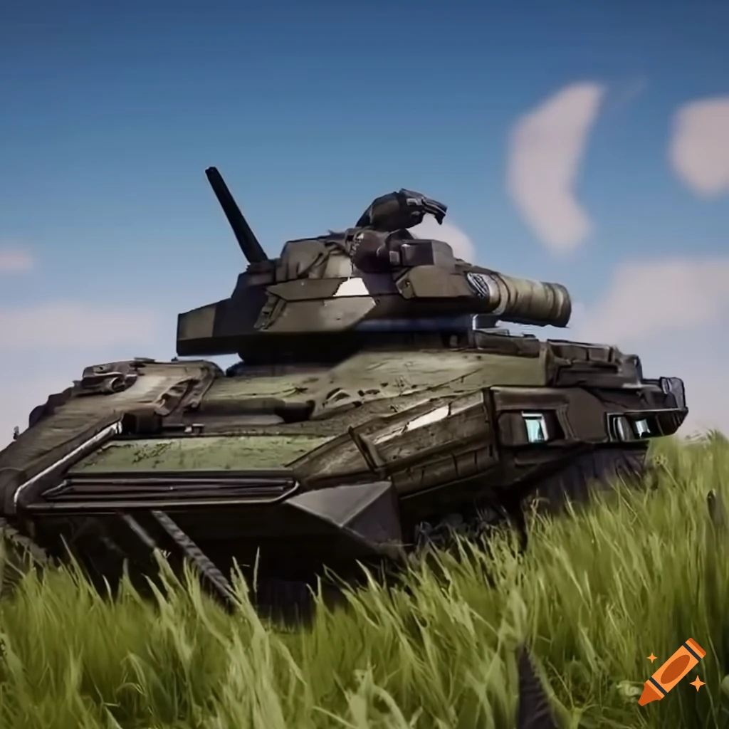 American sci-fi soldiers in futuristic armor with a tank and US flag on grass