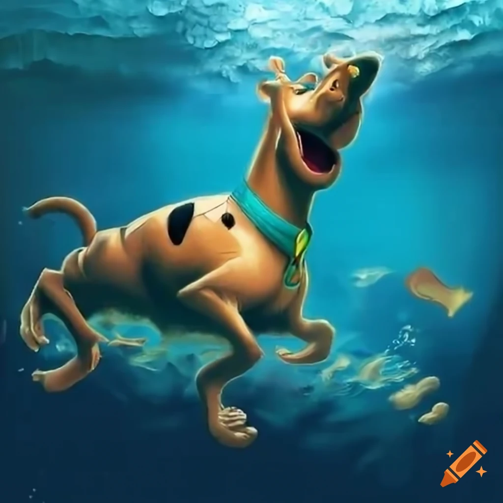 Scooby Doo and friends playing in the ocean under the morning sunlight