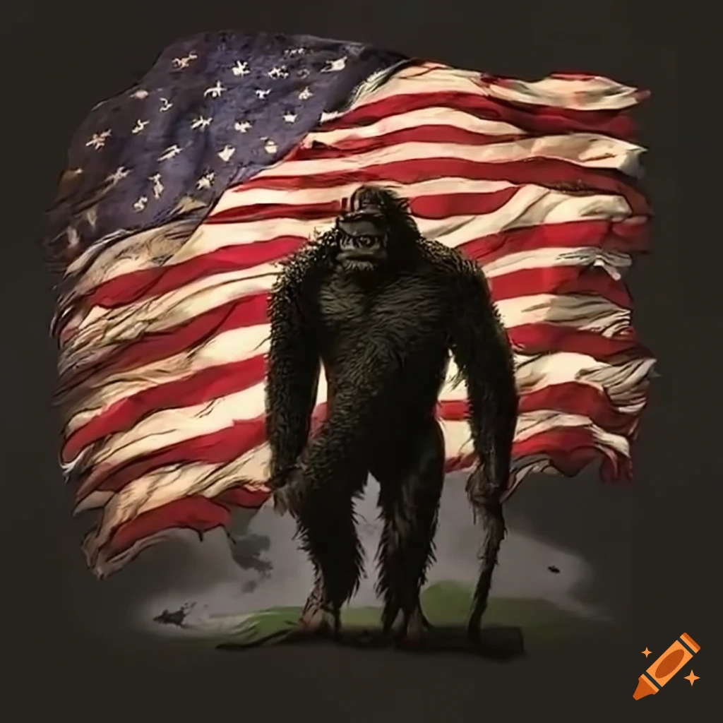 Bigfoot saluting the American flag