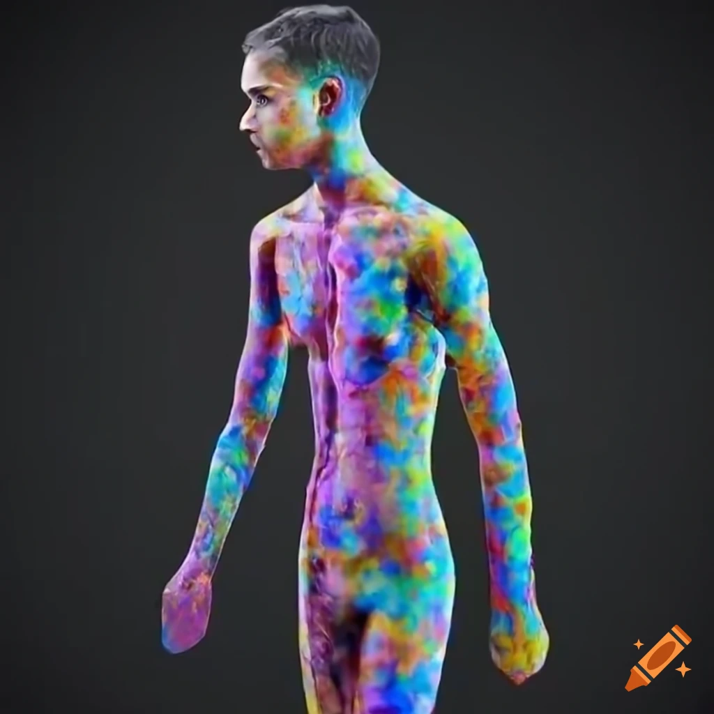 Photorealistic image of a man made of multicolored triangular crystals ...