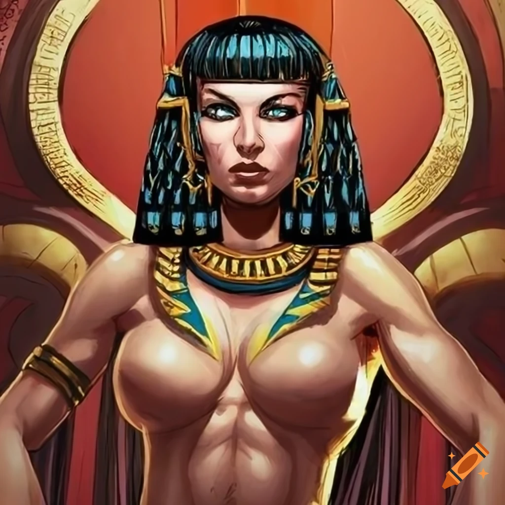 Muscular Cleopatra depicted in comic book art, victorious and smiling