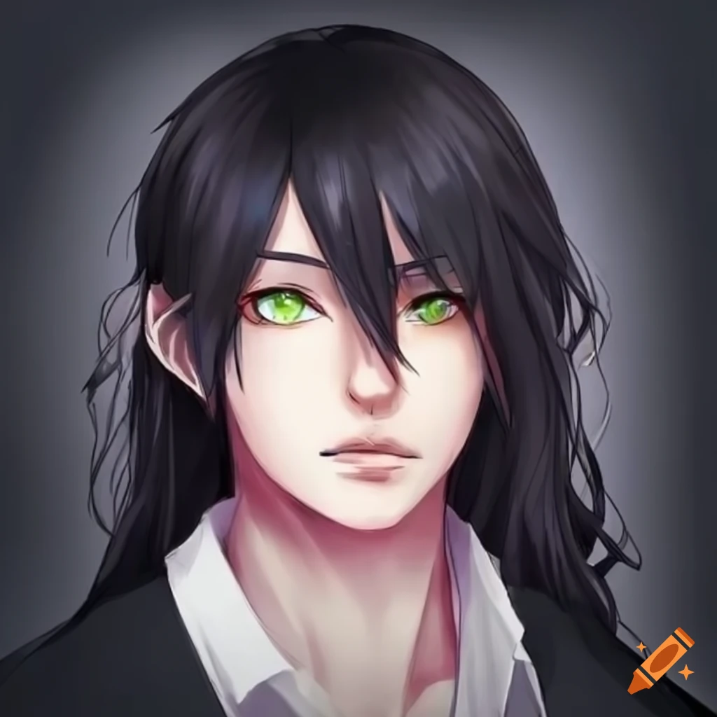 Anime Style Cute Fat Guy With Long Black Hair And Green Eyes Wearing White On Craiyon