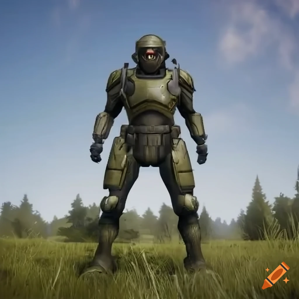 American sci-fi soldiers in futuristic armor with a tank and US flag on grass