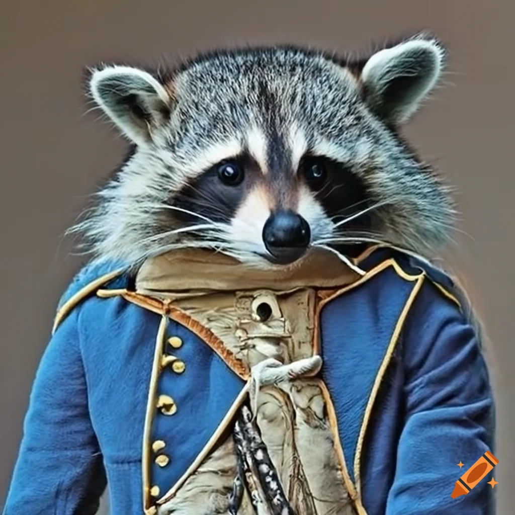 Raccoon dressed as George Washington in a blue coat
