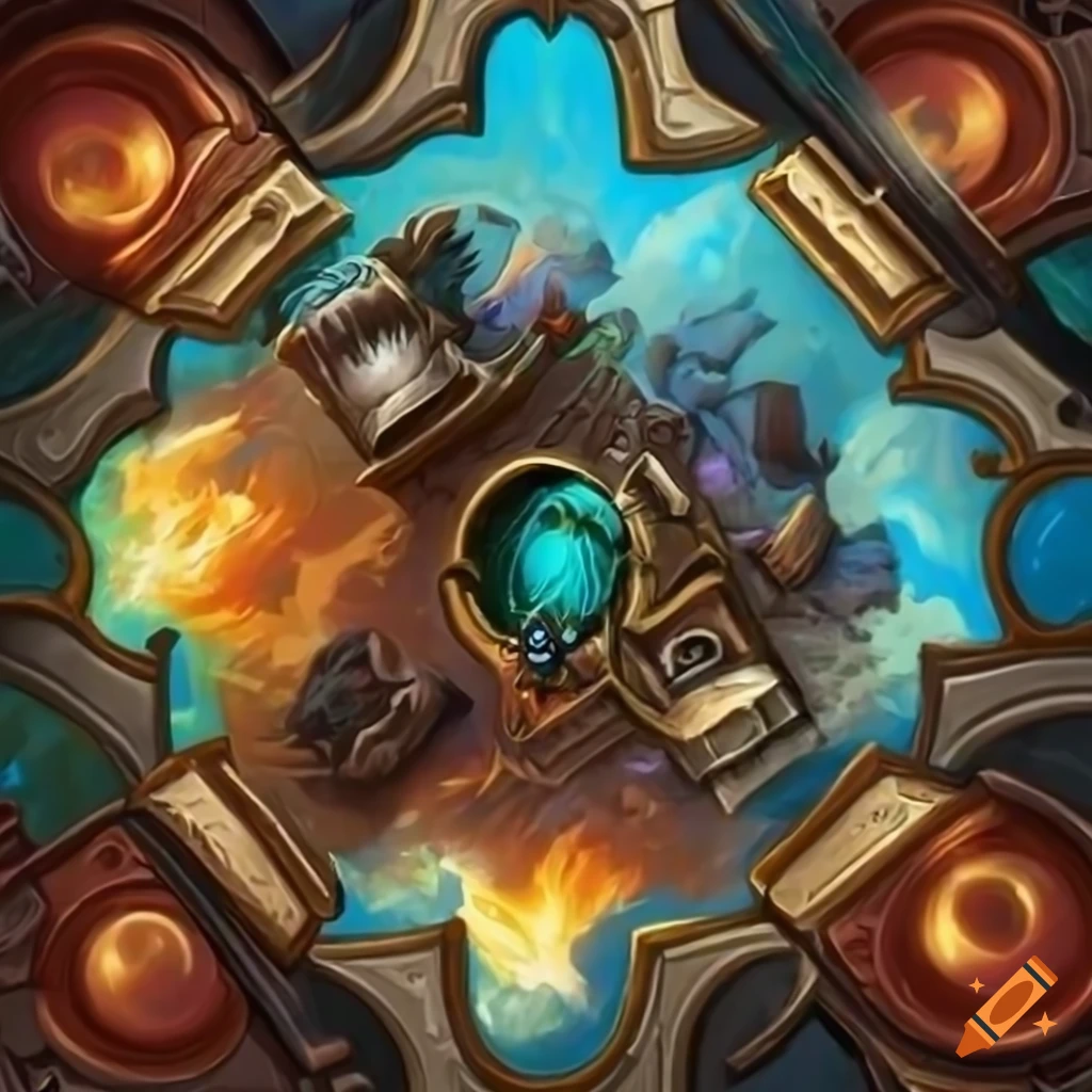 Bird's eye view of a card game board like mythgard, hearthstone