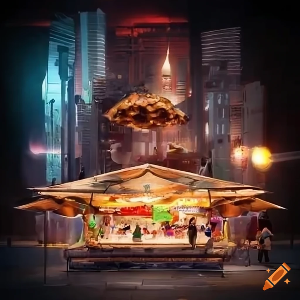 Bustling futuristic Malaysian street food market with traditional dishes and advanced technology