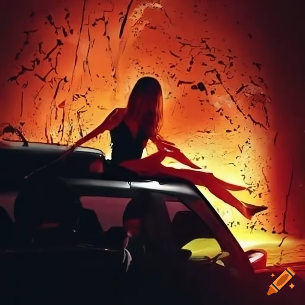 Rock star girlfriend with a golf club on top of a car with a broken windshield