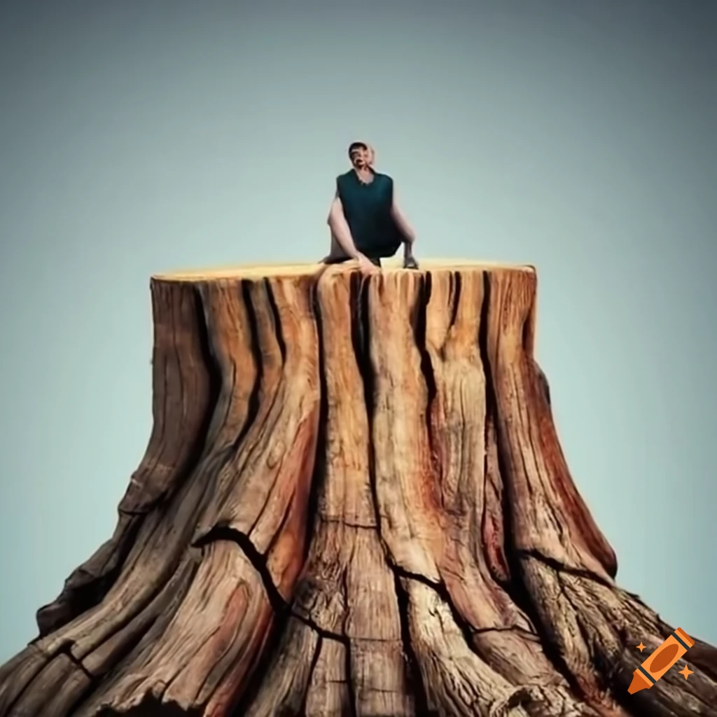 Man sitting on top of the world's largest tree stump on Craiyon