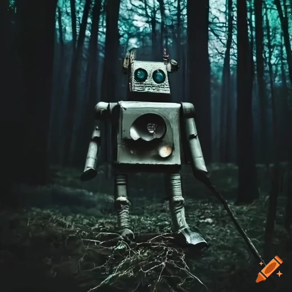 Vintage robot in a dark forest with ominous trees on Craiyon