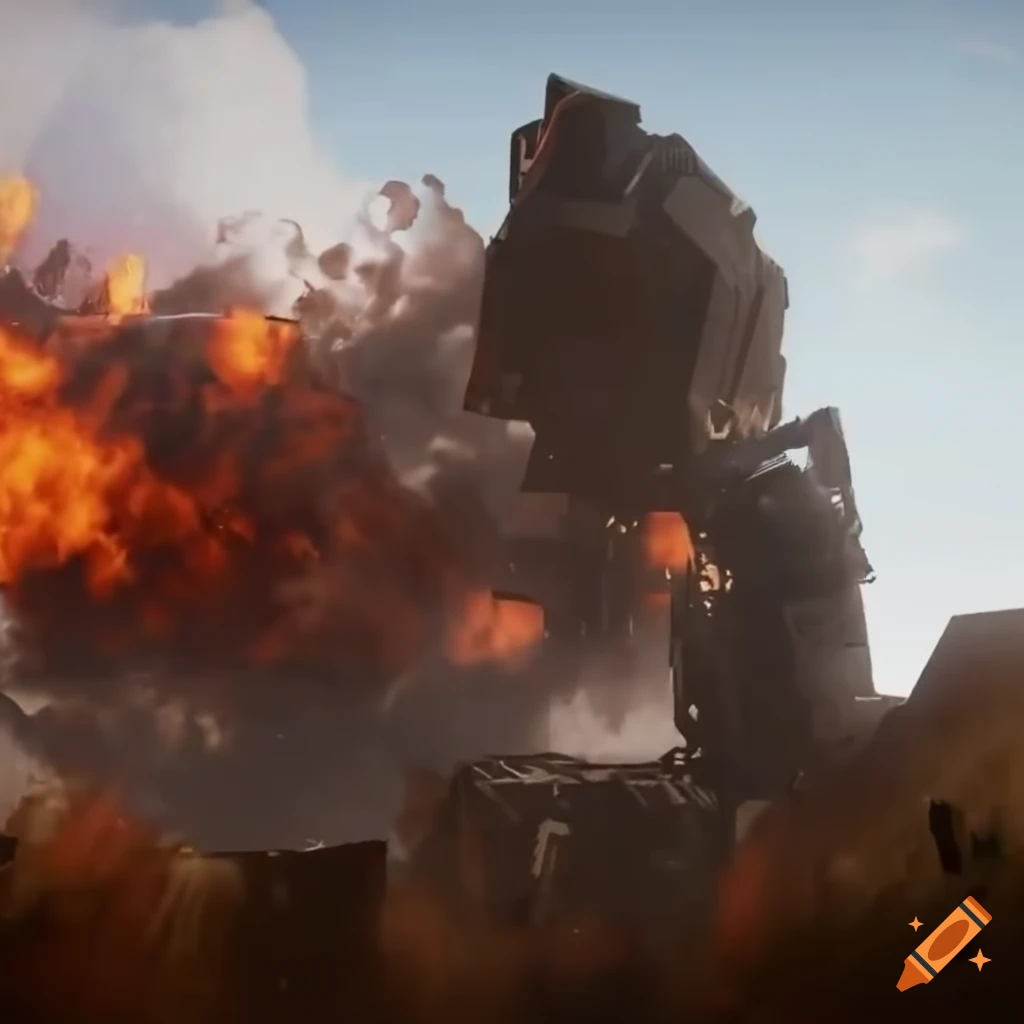 American sci-fi mech robot with US flag and fire explosion in Unreal ...