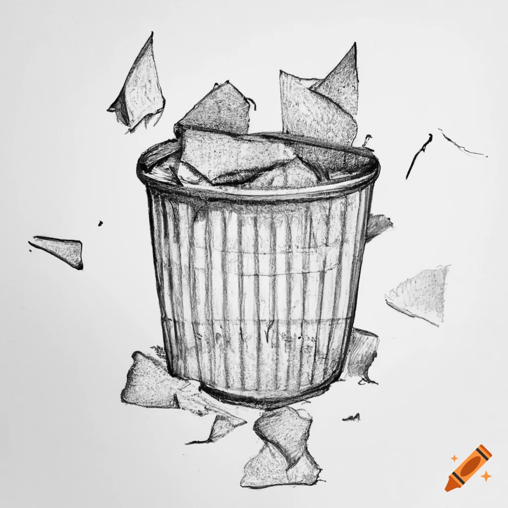 Sketch of a bin full of crumbled papers