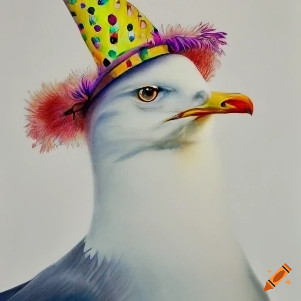 Whimsical colored pencil drawing of a seagull wearing a party hat