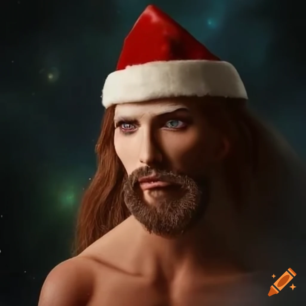 Fashion model jesus christ as santa claus in a cosmic quasar on Craiyon