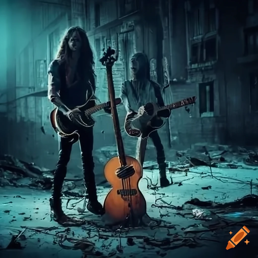 Rockers with guitars in a post-apocalyptic city on Craiyon
