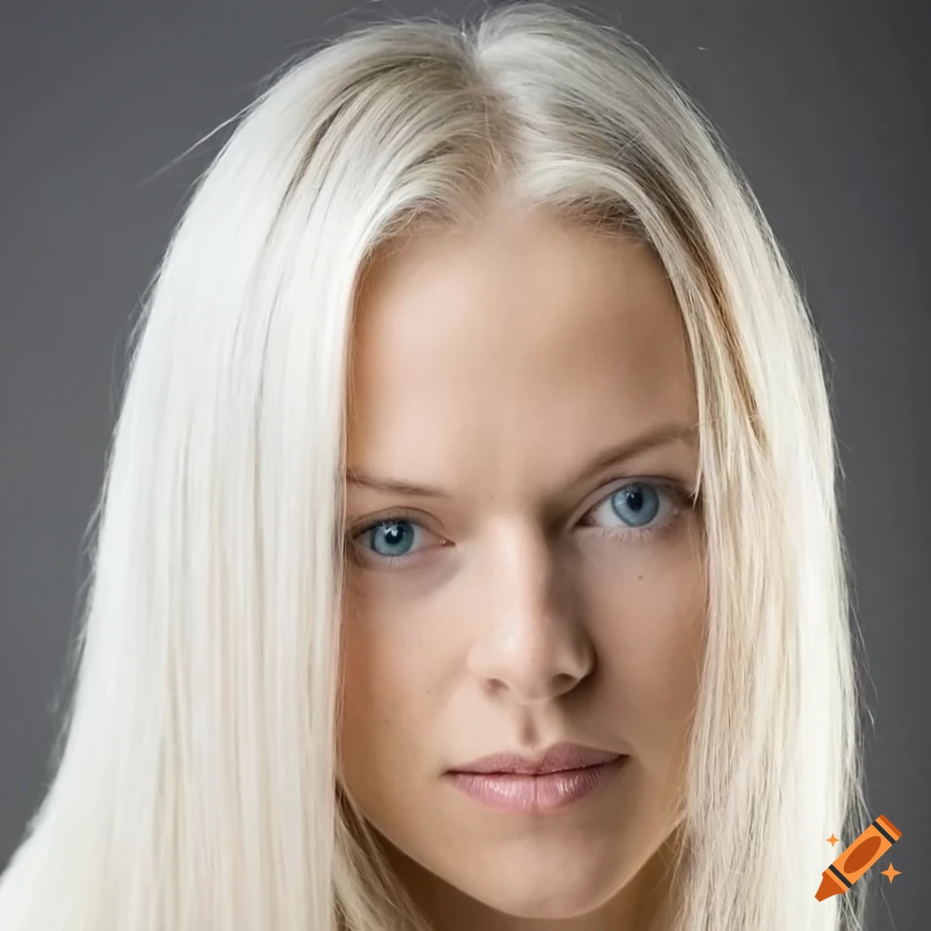 Swedish young woman with platinum blonde straight hair and pale skin