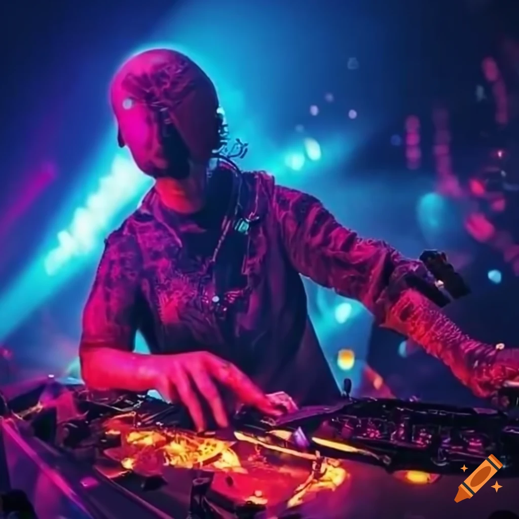 Advanced futuristic sound DJ SuperDee Jay as the main star of a music concert surrounded by UFO, with a mix of Hard Rave music