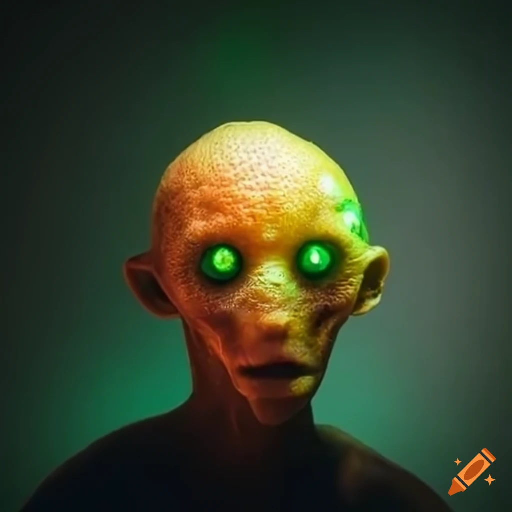 Bizarre creature with a glowing eye surrounded by fruits on a tree on