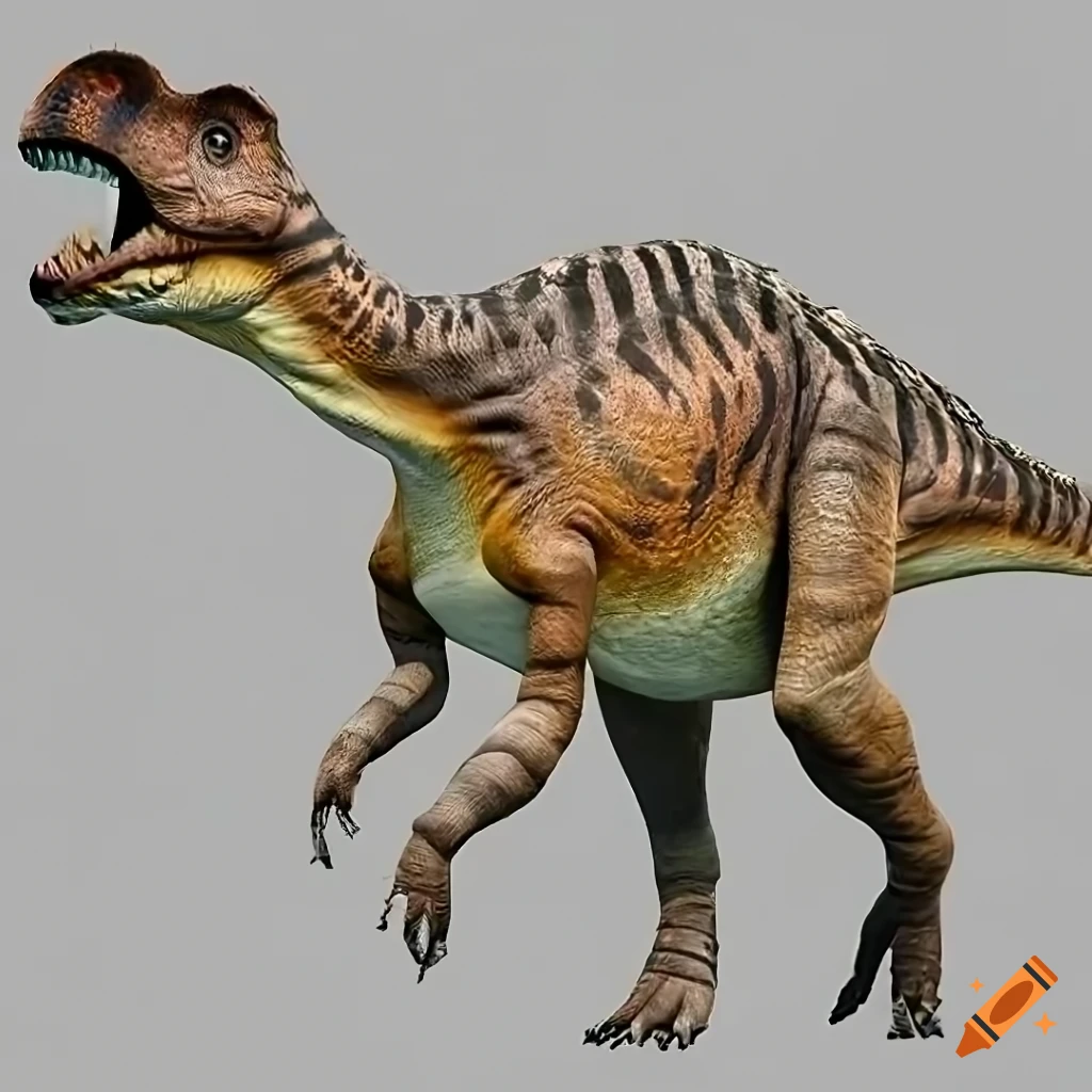 Hefty hadrosaurus dinosaur with intricate motley color pattern in warm ...