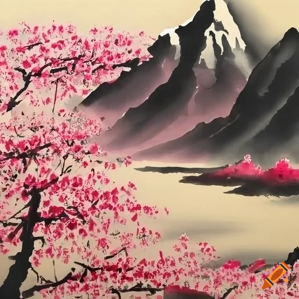 Chinese ink painting of mountain, river valley, and cherry blossoms on