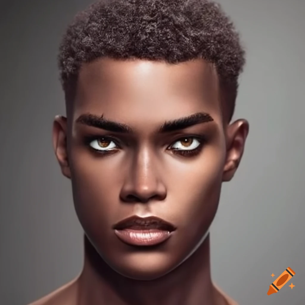 Portrait of a man with dark skin, short curly hair, and maroon eyes on ...