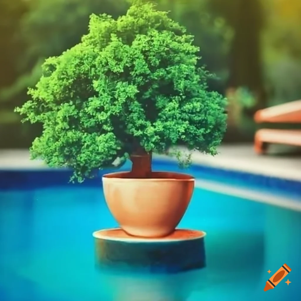 Small tree in a pot placed on a pool