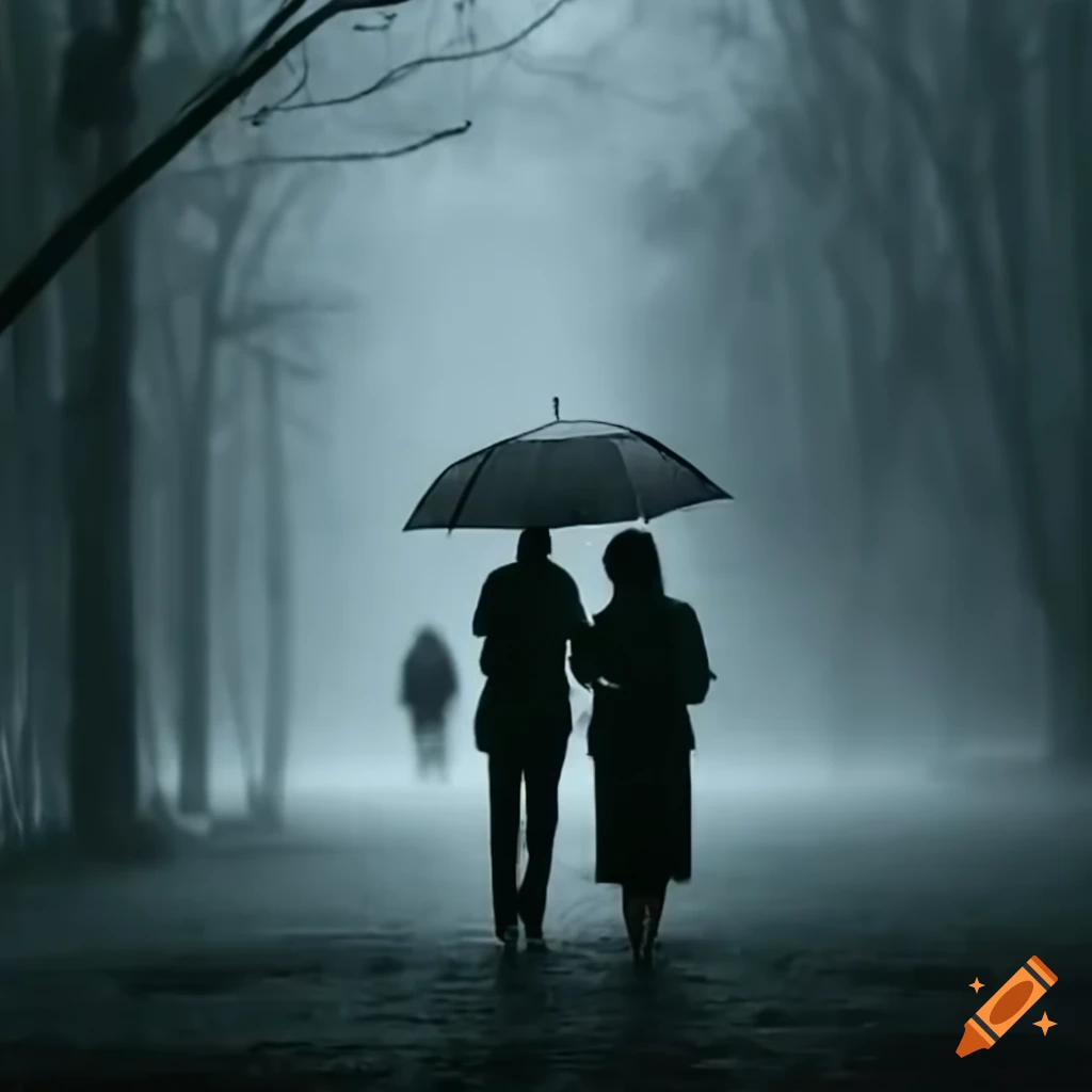 Man and woman sharing an umbrella in the rain walking towards a light through dense fog