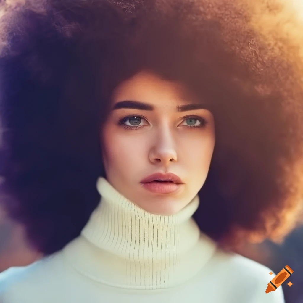 Portrait of a beautiful woman with a massive afro and white turtleneck sweater