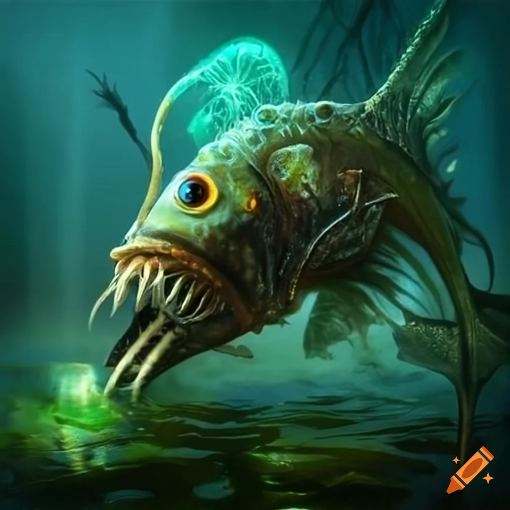 Glowing angler fish emerging from a swamp in a dark fantasy setting on ...